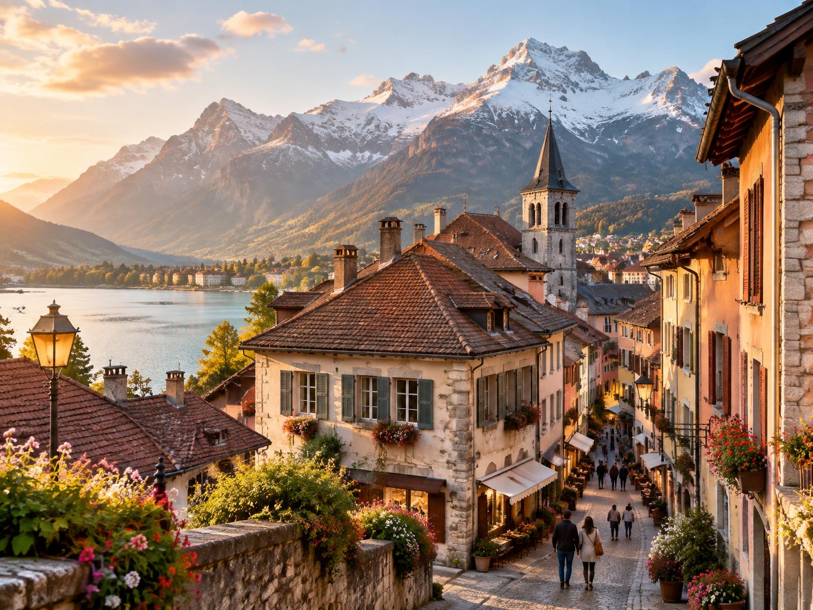 Rue fleurie d’une vieille ville alpine